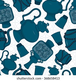 Seamless pattern with decorated eastern jars, coffeepots, drinking bowls and glasses