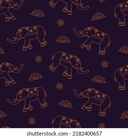 Seamless pattern of decorated elephant, lotus and flower patterns. The concept of Indian culture. Cute cartoon background