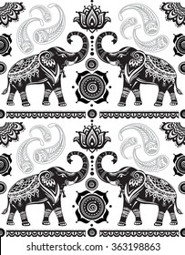 Seamless pattern with decorated elephants 