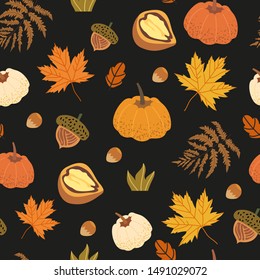 Seamless pattern decorated with floral elements like walnut, acorn, maple leaves, pumpkin, mushrooms and fern. Autumn harvest illustrations that can be used as textile, fabric, wrapping paper print.