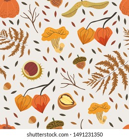 Seamless pattern decorated with floral elements like chestnut, acorn, girolle, fern and walnut. Autumn harvest illustration that can be used as a background for textile, fabric, wrapping paper print.
