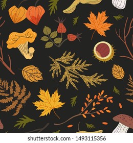 Seamless pattern decorated with floral elements: brier, fir needles, sandthorn, cape gooseberry, fern, maple leaves. Autumn forest illustration for textile, fabric, wrapping paper print background. 
