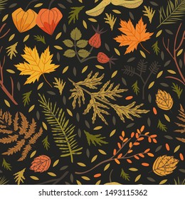 Seamless pattern decorated with floral elements: brier, fir needles, sandthorn, cape gooseberry, fern, maple leaves. Autumn forest illustration for textile, fabric, wrapping paper print background. 