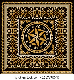 Seamless pattern decorated with gold chains and floral with geometric background.