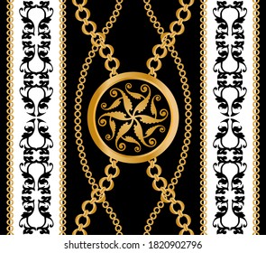 Seamless pattern decorated with gold chains and floral.