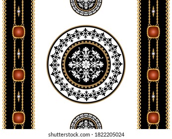 Seamless pattern decorated with gold chains and floral.