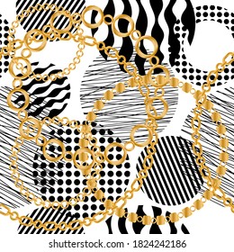 Seamless pattern decorated with gold chains and floral.