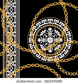 Seamless pattern decorated with gold chains and floral.