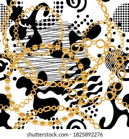 Seamless pattern decorated with gold chains and floral.
