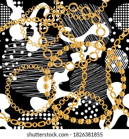 Seamless pattern decorated with gold chains and floral.