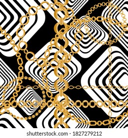 Seamless pattern decorated with gold chains and floral.