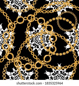 Seamless pattern decorated with gold chains and floral.
