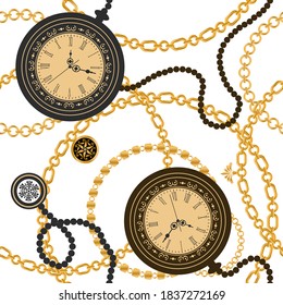 Seamless pattern decorated with gold chains and clocks