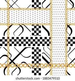 Seamless pattern decorated with gold chains and floral.