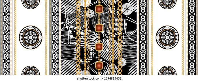 Seamless pattern decorated with gold chains and floral.