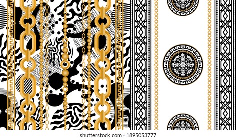 Seamless pattern decorated with gold chains and floral.