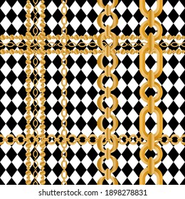 Seamless pattern decorated with gold chains and floral.