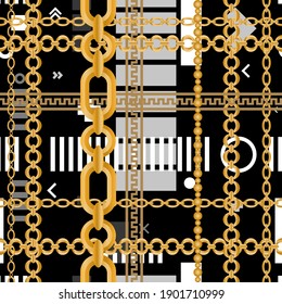 Seamless pattern decorated with gold chains and floral.