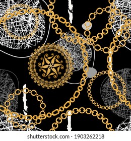 Seamless pattern decorated with gold chains and floral.