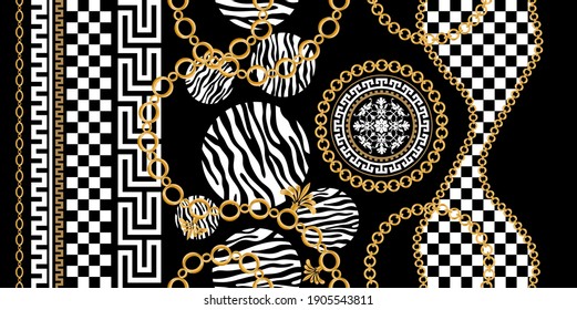 Seamless pattern decorated with gold chains and floral.