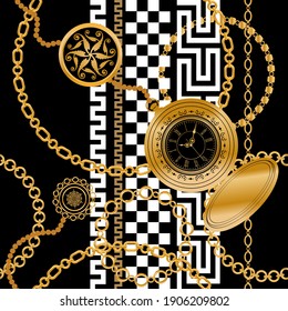 Seamless pattern decorated with gold chains and floral.