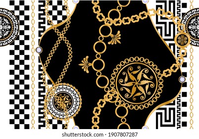 Seamless pattern decorated with gold chains and floral.