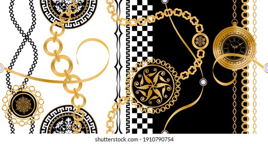 Seamless pattern decorated with gold chains and floral.