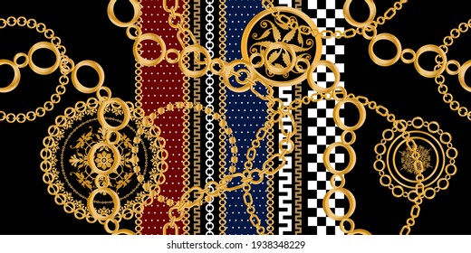 Seamless pattern decorated with gold chains and floral.