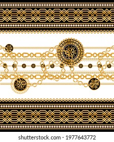 Seamless pattern decorated with gold chains and floral.