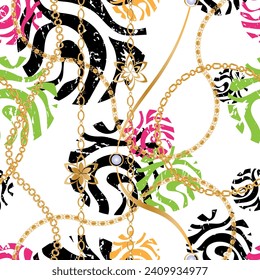 Seamless pattern decorated with gold chains and floral.