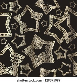 Seamless pattern with decorated gold stars. Vector background.