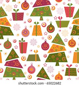 Seamless pattern with decorated green trees and gifts