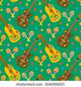 Seamless pattern with decorated guitars, maracas and colorful flowers on green background. Concept symbolizes mexican fiesta, cultural celebration and joyful traditional music