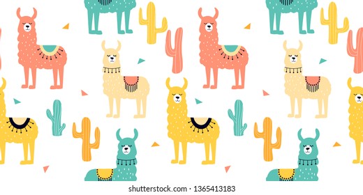 Seamless pattern with decorated lamas in poncho and cactus. Trendy cartoon print.Pink, yellow, blue  animal on white backdrop