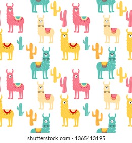 Seamless pattern with decorated lamas in poncho and cactus. Trendy cartoon print.Pink, yellow, blue  animal on white backdrop