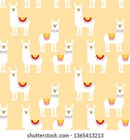 Seamless pattern with decorated lamas. Trendy cartoon print.White animal on beige backdrop