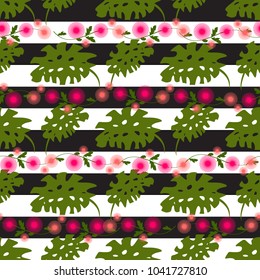 Seamless pattern. Decorated with leaves and flowers. Doodles style. 