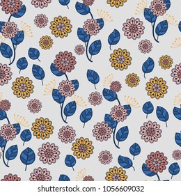 Seamless pattern. Decorated with leaves and flowers. Doodles style.