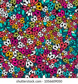 Seamless pattern. Decorated with leaves and flowers. Doodles style.
