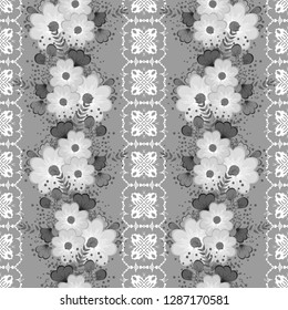  Seamless pattern. Decorated with leaves and flowers. Doodles style. for summer fabric, wrappers, covers. Easy to edit. black and white