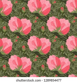 Seamless pattern. Decorated with leaves and flowers. Doodles style. for summer fabric, wrappers, covers. Easy to edit. 