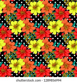 Seamless pattern. Decorated with leaves and flowers. Doodles style. for summer fabric, wrappers, covers. Easy to edit. 