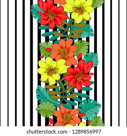 Seamless pattern. Decorated with leaves and flowers. Doodles style. for summer fabric, wrappers, covers. Easy to edit. 