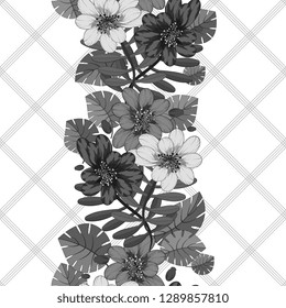 Seamless pattern. Decorated with leaves and flowers. Doodles style. for summer fabric, wrappers, covers. Easy to edit. black and white