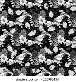 Seamless pattern. Decorated with leaves , flowers and birds. Doodles style. for summer fabric, wrappers, covers. Monochrome, black and white Easy to edit. 