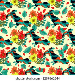 Seamless pattern. Decorated with leaves , flowers and birds. Doodles style. for summer fabric, wrappers, covers. Easy to edit. 