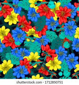 Seamless pattern. Decorated with leaves , flowers and birds. Doodles style. for summer fabric, wrappers, covers. Easy to edit. 