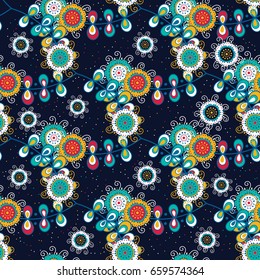 Seamless pattern. Decorated with leaves and flowers. Doodles style.