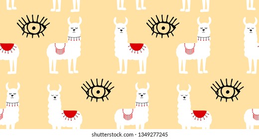 Seamless pattern with decorated  llamas in poncho and eyes. Trendy cartoon print. White animal on beige background.