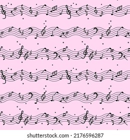 Seamless pattern decorated with musical symbols. Vector illustration with melodic symbols, musical notes, treble clef in black color on a light pink background for design decoration.